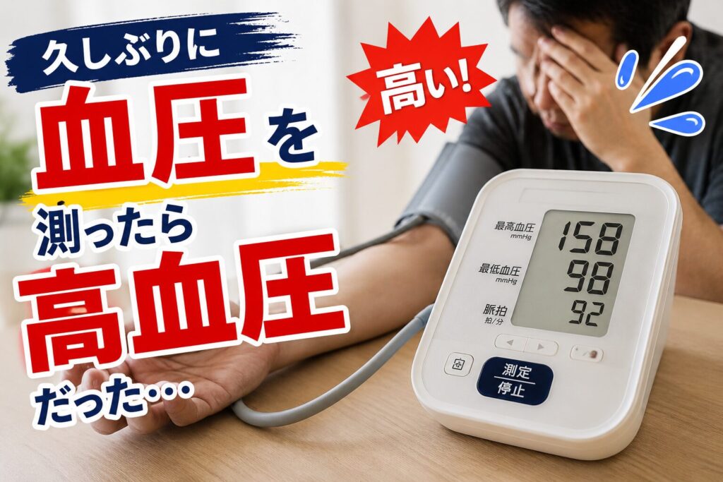 久しぶりに血圧を測り、高血圧の数値が出た様子。血圧計には158・98と表示されている。