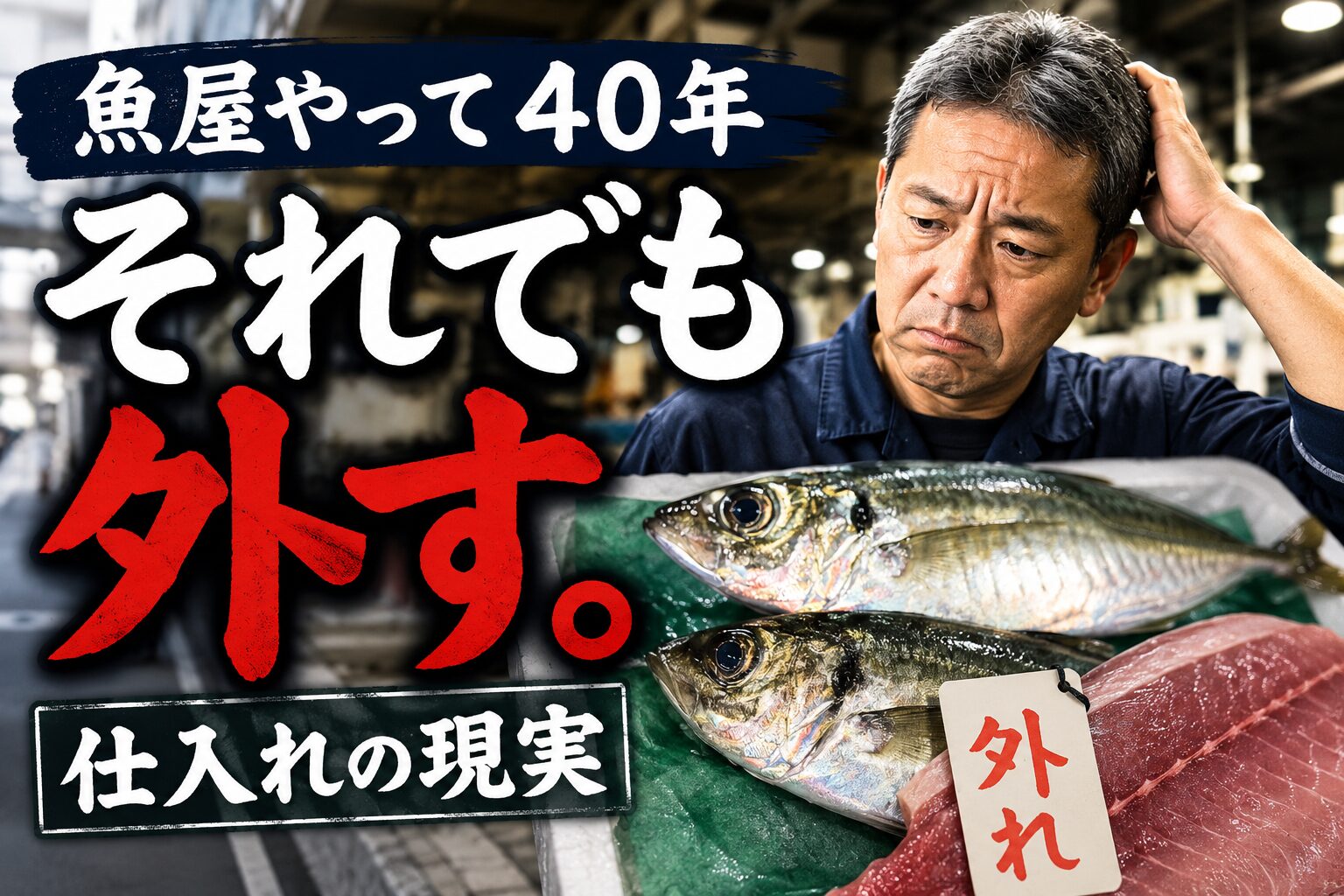魚屋歴40年でも仕入れを外すことがあると伝える、発泡箱に入った2尾のアジ