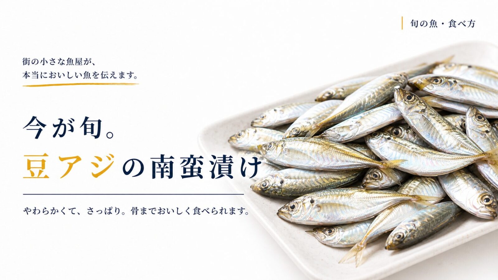 白いトレーに並べた旬の豆アジ。豆アジの南蛮漬けは、やわらかくさっぱりとして、骨までおいしく食べられることを紹介するアイキャッチ画像。