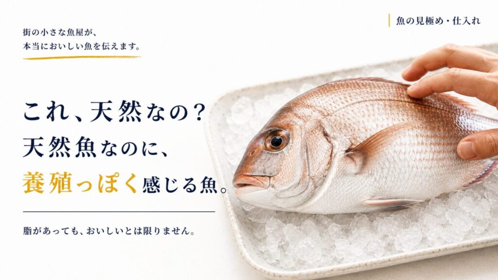 氷の上に置かれた天然の鯛を魚屋が手で確認する様子。「天然魚なのに、養殖っぽく感じる魚」と、脂の量だけでは味を判断できないことを伝えるアイキャッチ画像。