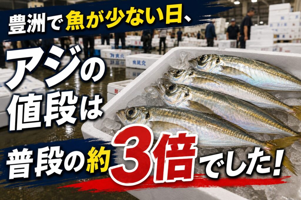 豊洲市場で魚の入荷が少なく、アジの価格が普段の約3倍まで高騰した様子