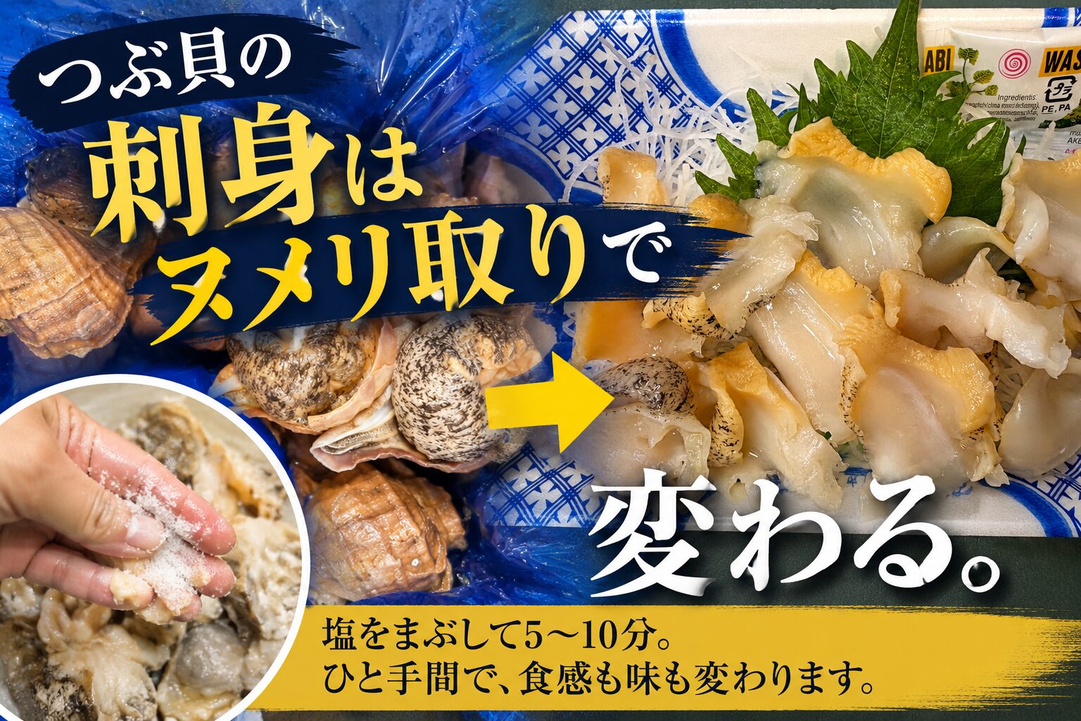 殻付きのつぶ貝と刺身にしたつぶ貝。塩でヌメリを取る下処理を紹介するアイキャッチ画像。