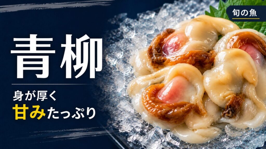 旬の青柳。身が厚く甘みたっぷりの新鮮な青柳を氷の上に盛り付けた様子。