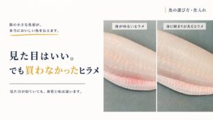身がゆるいヒラメと、身に締まりがあるヒラメの切り身を並べて比較した画像。見た目が似ていても、身質と味に違いがあることを紹介しています。