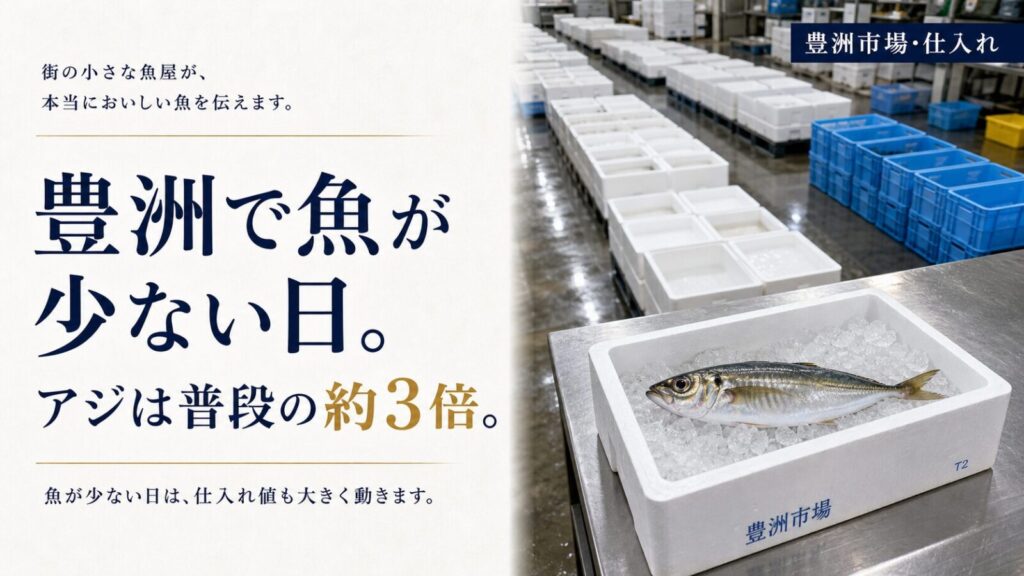 豊洲市場で魚が少ない日に、アジの価格が普段の約3倍になったことを伝えるアイキャッチ画像